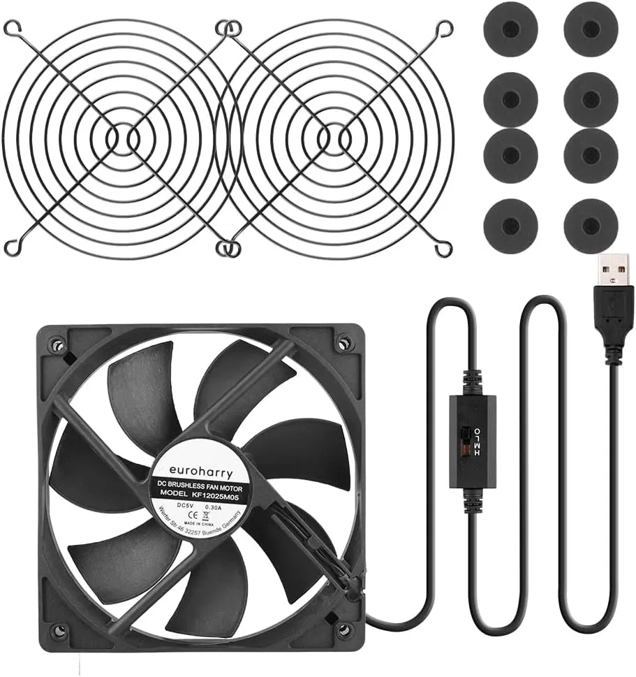 Euroharry Ventilador USB 120mm con 3 velocidades ajustables 5V/0.3A con marco de aluminio cepillado negro moderno para cine en c