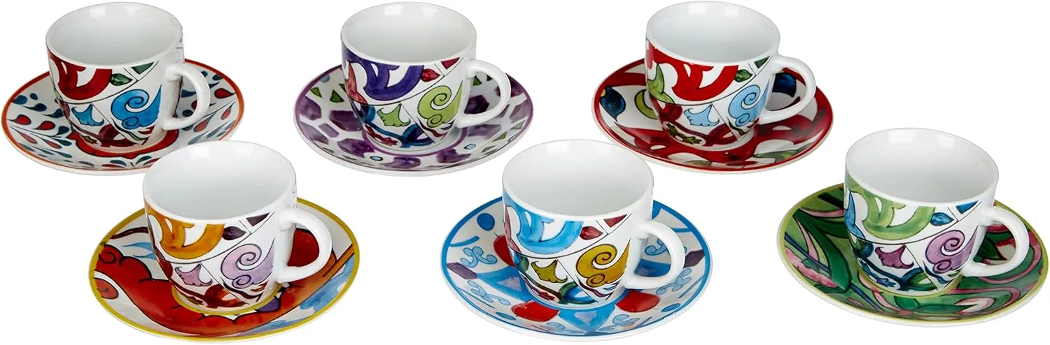 Excelsa Lisbona Juego de 6 Tazas de café con platillo, Porcelana, Multicolor