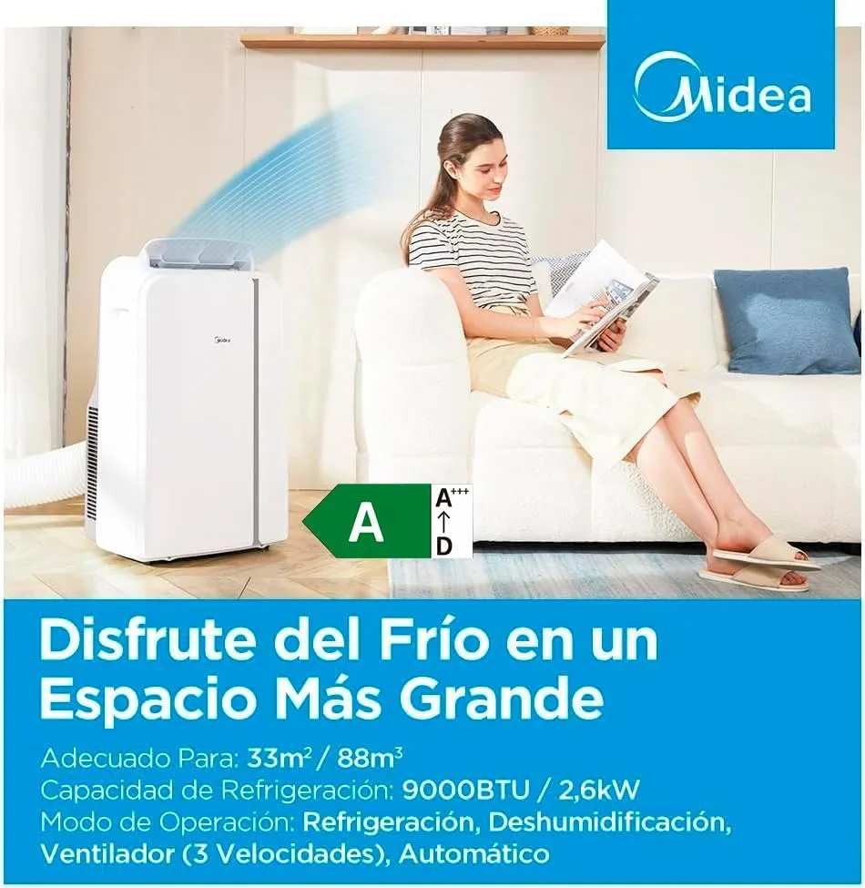 Midea Pingüino aire acondicionado portátil | 2300 frigorías / 9000 BTU | Climatizador portátil frío silencioso 2700 W | Enfriado