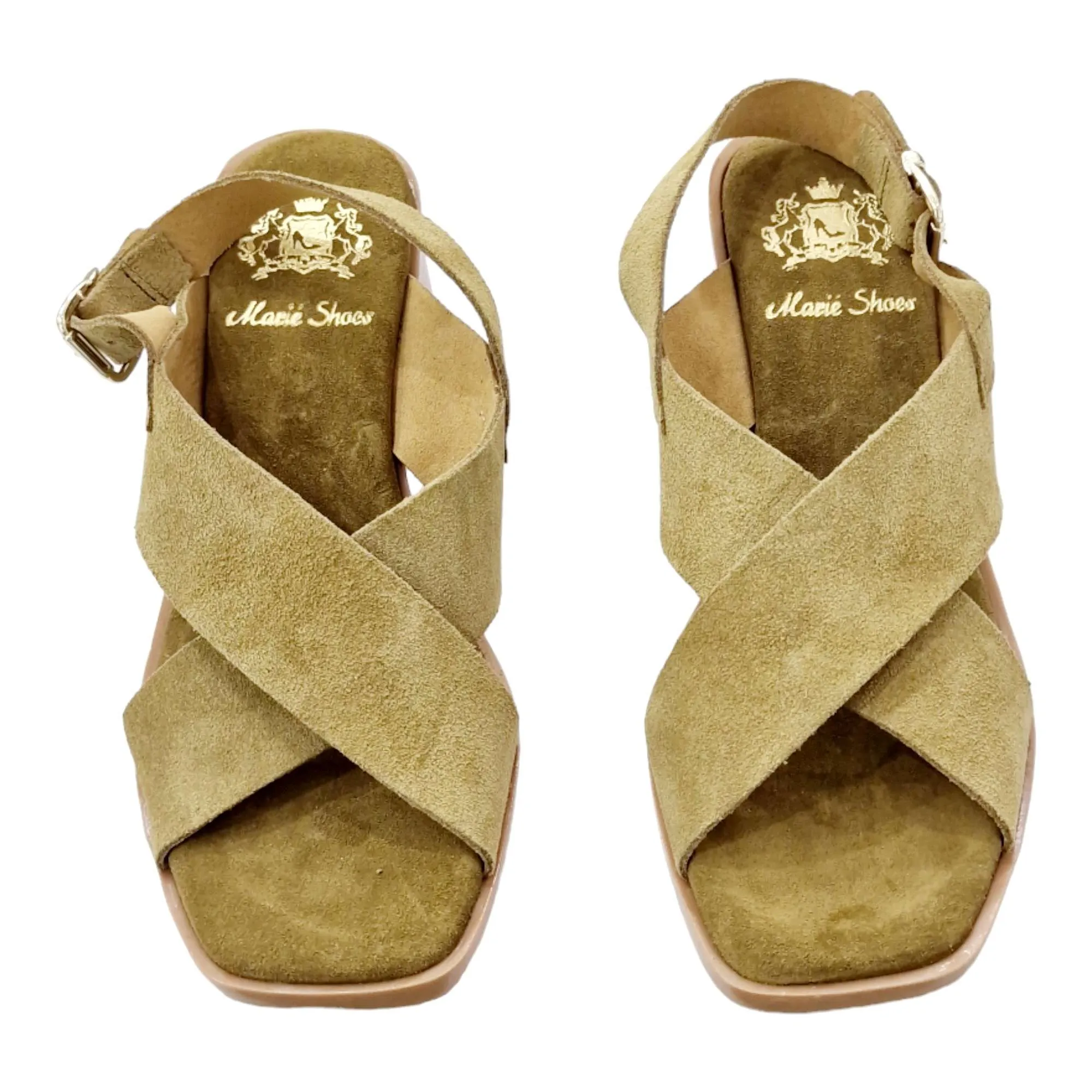 SANDALIAS TACÓN BAJO CRUZADAS SERRAJE KAKI Y TALÓN KAKI